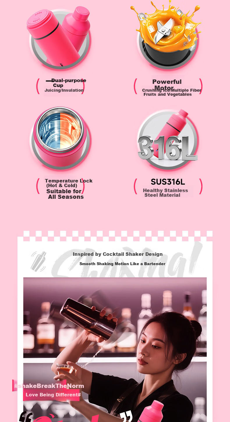 BLAUPUNKT Stainless Steel Juicer Portable Juicing Cup Home Juice Machine Insulated Ice Crushing Rechargeable Mini Multifunctional Antioxidant 316L Sweet Pink 2