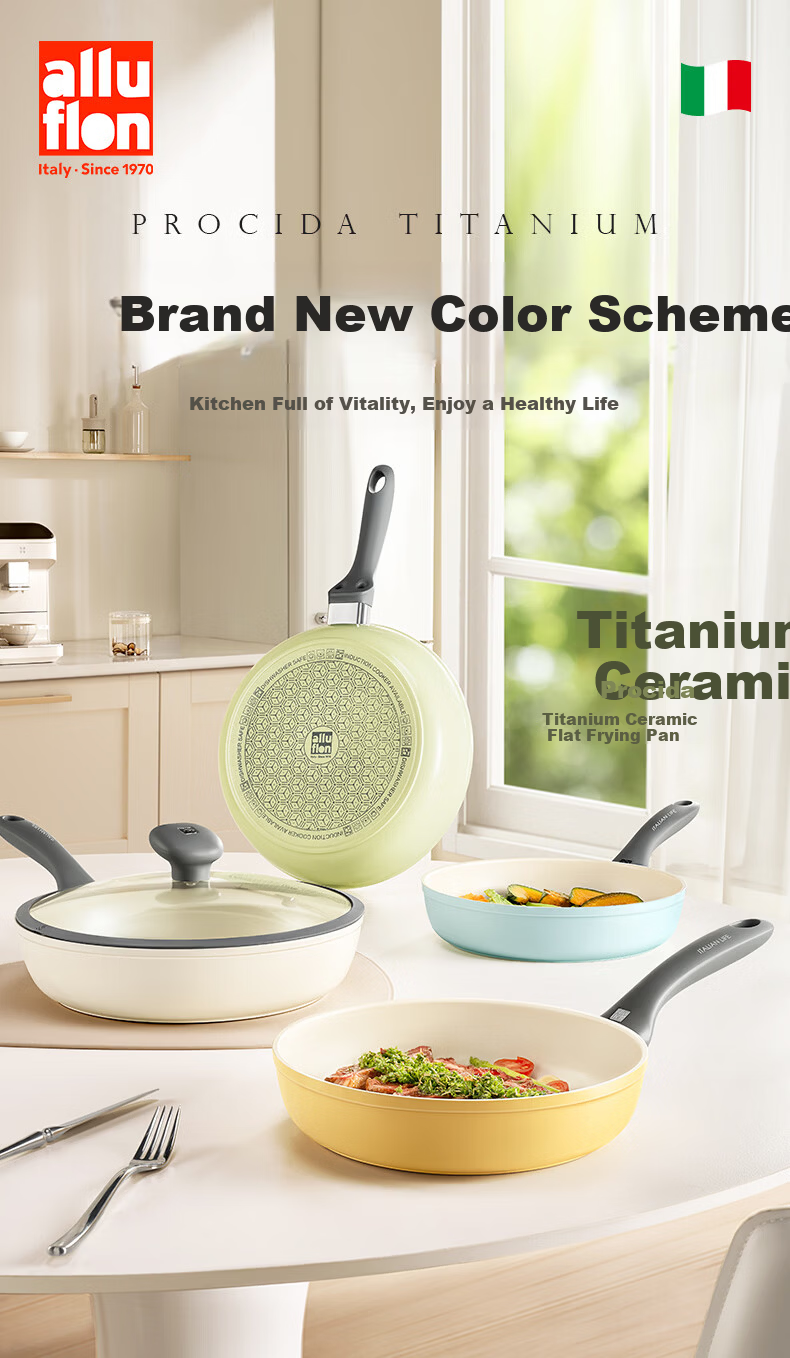 Alluflon Frying Pan Flat Bottom Titanium Ceramic 0 Fluorine Coating Grade 1 Non-Stick Steak Pan Induction Cooker Compatible White 24cm 6