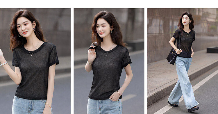 Demana Breathable Linen Summer Lightweight Mesh Round Neck Short Sleeve Slim Fit Casual Women's T-Shirt 6