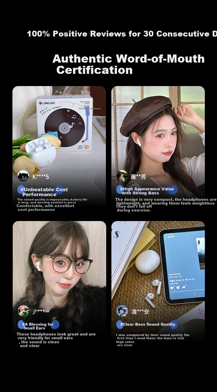 Linklike Bluetooth Earbuds Semi-In-Ear 2026 New Model Long Battery Life 2025 Top 10 Wireless Compatible with Apple Harman Bass Hot Sale 3 Million 4