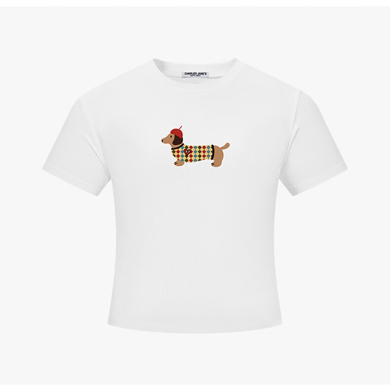 Charles Heart Summer Simple Cute Dachshund Print Short Sleeve Slim Fit T-Shirt White XF 19