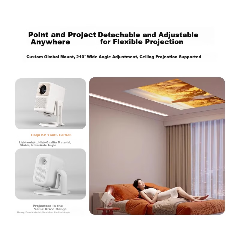 Haqu K2 Youth Edition PTZ Projector Home Use True 1080P Portable Smart Bedroom Projector (Gaming Low Latency 210° Adjustable PTZ)