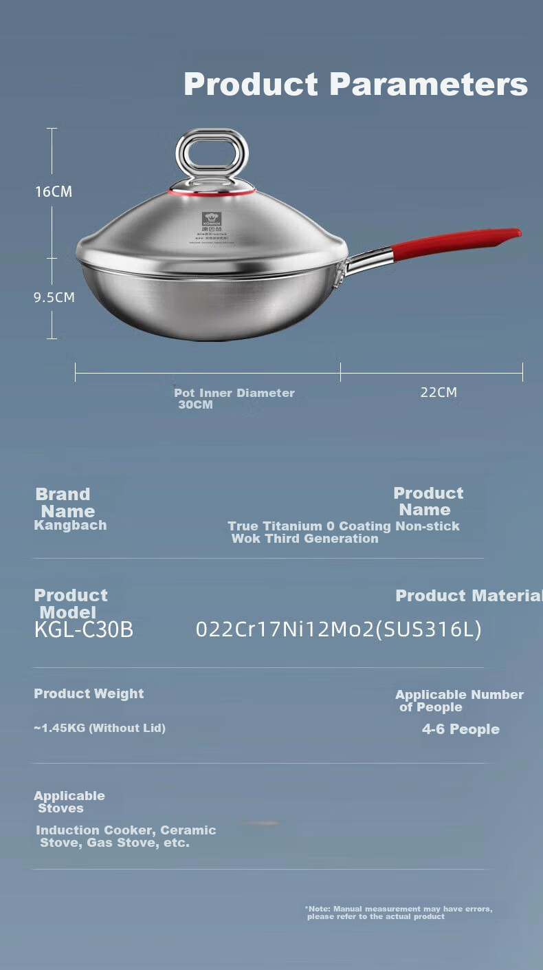 KOBACH 32cm Titanium Non-Coated Non-Stick Wok 316L Stainless Steel Stir-Fry Pan Compatible with Stove 20