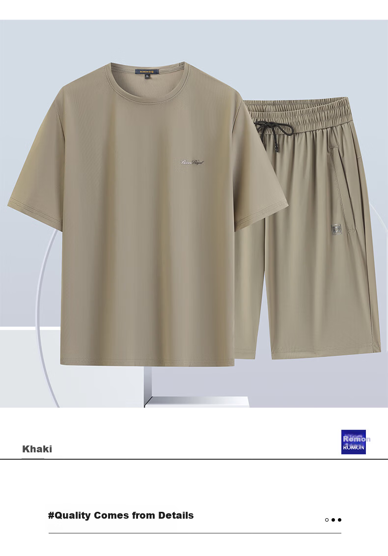 ROMON Men's Summer Ice Silk Casual Short Sleeve T-Shirt and Shorts Set Sportswear TZ2401 Gray XL 4