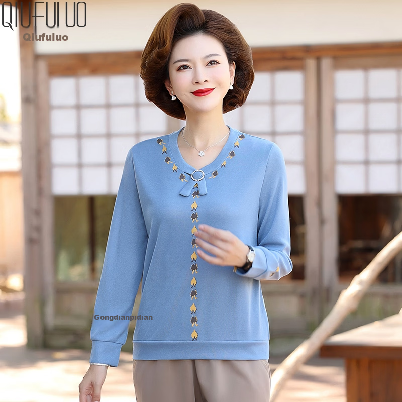 QIUFULUO 2026 New Spring Long T-Shirt Loose Fit Knitted Round Neck Top for Middle-Aged and Elderly Women 50-60 Years Stylish