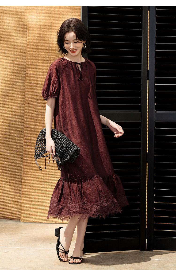 Demana Wrinkled Acetate Summer Vacation Style Tassel V-Neck Lace Splice Loose Mid-Length Women's Dress 20