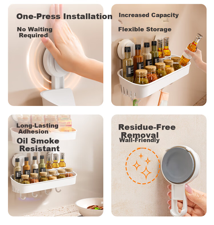 JD Jingzao Kitchen Multifunctional Storage Rack with Hook, No-Drill Suction Cup Spice and Seasoning Organizer Box [No Nails, No Glue] 2