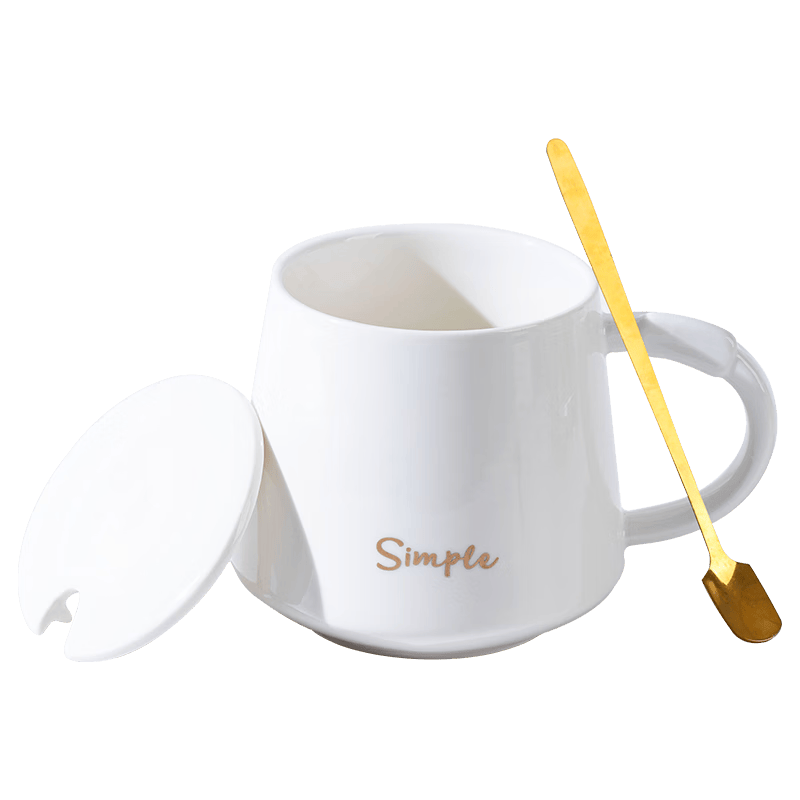 Chuanqi Ceramic Coffee Mug with Spoon and Lid, White 350ml, Milk Breakfast Water Cup
