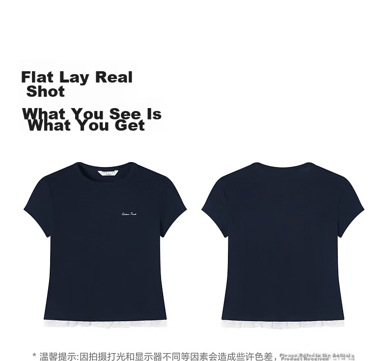 TonLion 2026 Summer New Women's Short Sleeve Slim Fit T-Shirt Navy Blue Lace Patchwork Fashion Trend 2
