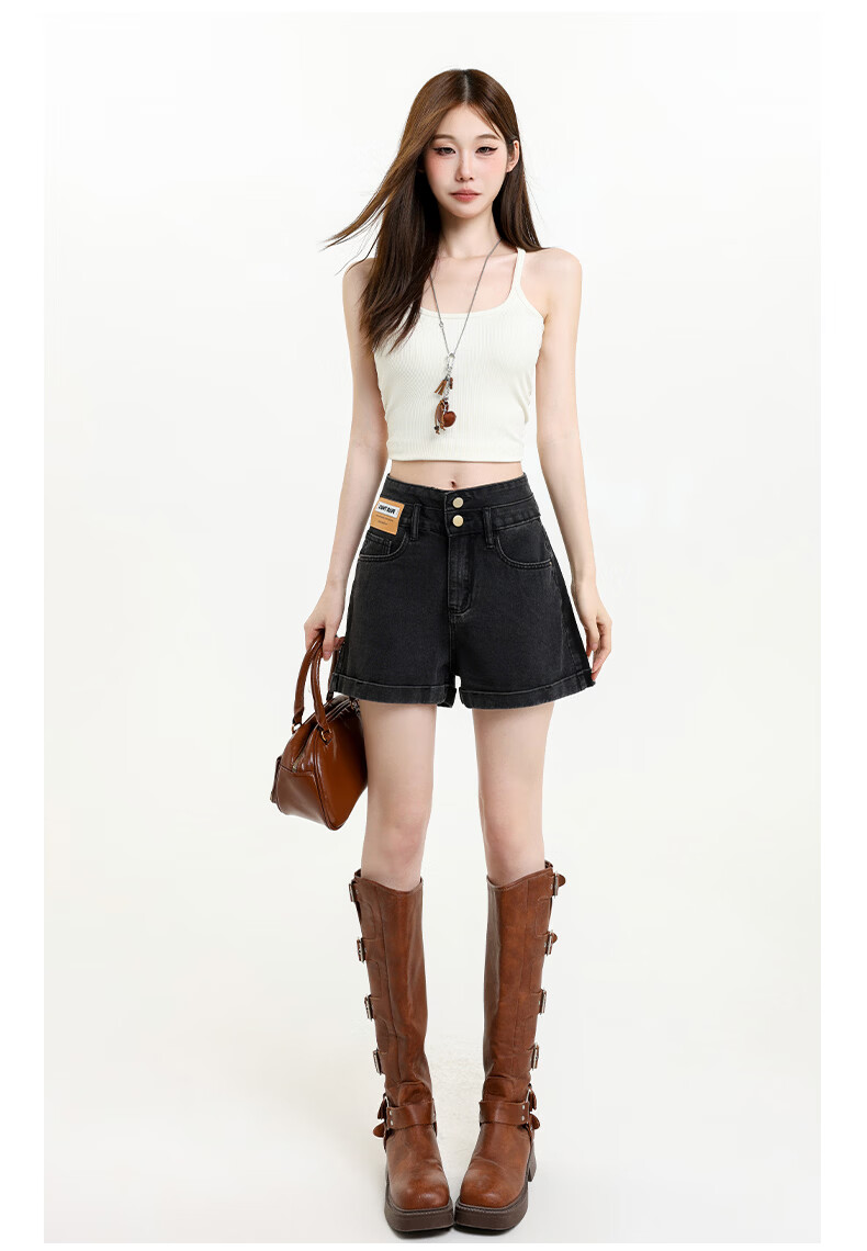 Jeanswest Women's Summer 2026 High-Waist Loose Slimming Wide-Leg A-Line Black Gray Denim Shorts S 16
