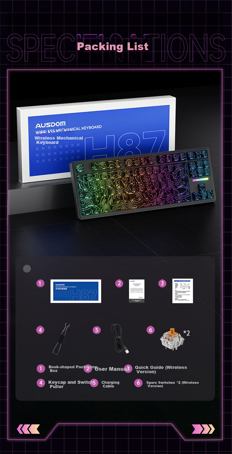 AUSDOM H87 Custom Mechanical Keyboard, Wireless Bluetooth Gasket Customization, 6-Layer Padded Side-Engraved Gaming E-Sports Office Keyboard, 10000mAh Blackberry Pink Side-Engraved Ultra-Fast Silver Switches 19