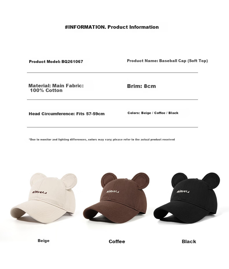 CACUSS Women's Duckbill Cap Spring Summer New Pure Cotton Soft Top Cartoon Age-Reducing Ear Baseball Cap Cute Bear Brown 6