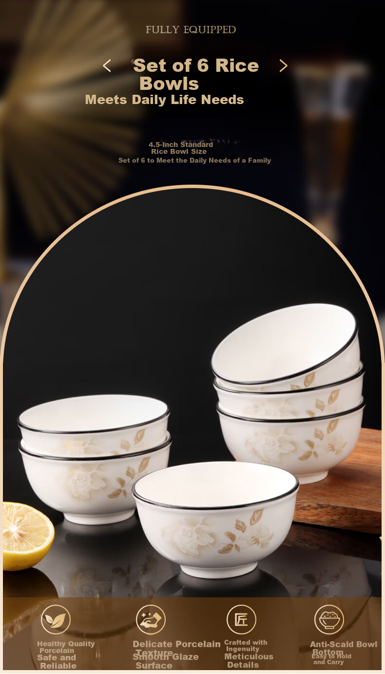 CiHun Ceramic Rice Bowl Set Home Simple Small Soup Bowls Small Noodle Bowls Tableware 4.5 Inch 6 Pieces 2