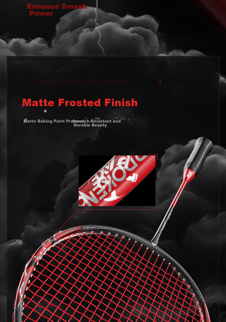 PEAK Carbon Fiber Badminton Racket Offensive 4U Ultra-Light High-Performance Adult Student Competition Training Single Racket Gray Red 10