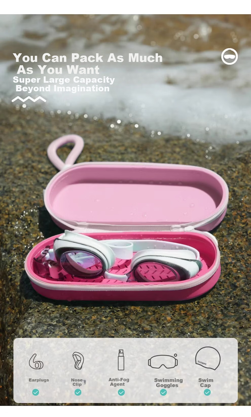 TOSWIM Swimming Storage Case Goggles Case Silicone Shockproof Breathable Professional Training Essential Eyewear Case Peach Pink Wave Pattern 7