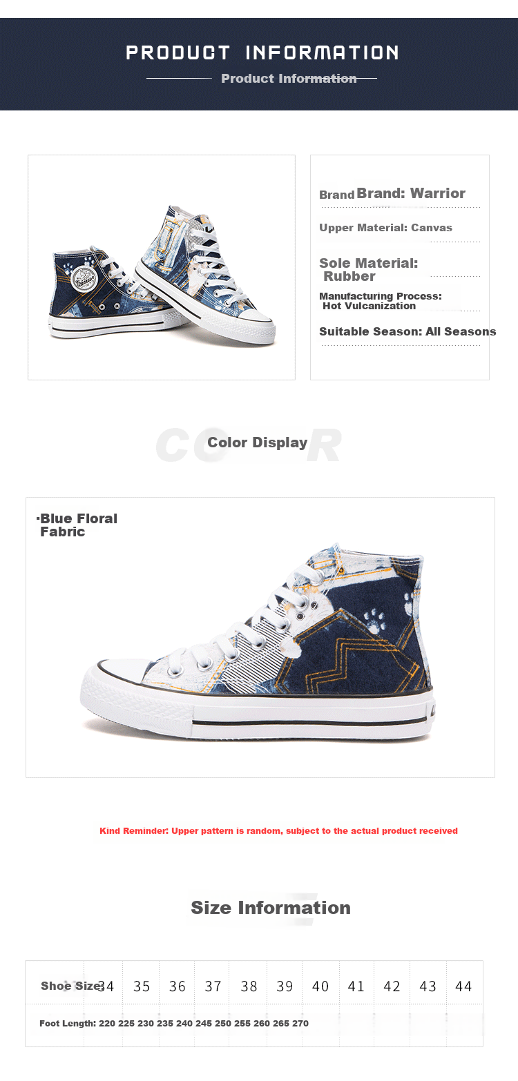 Warrior High-Top Canvas Shoes Men 2022 Spring Summer Irregular Pattern Fashion Couple Sneakers H993 Blue Floral 44 5