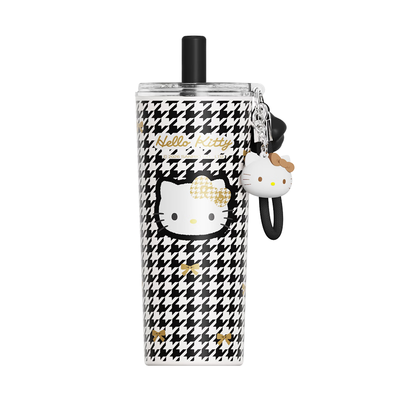 SANRIO Hello Kitty Houndstooth Black Gold Insulated Tumbler 316 Stainless Steel with Straw Gift 650ml