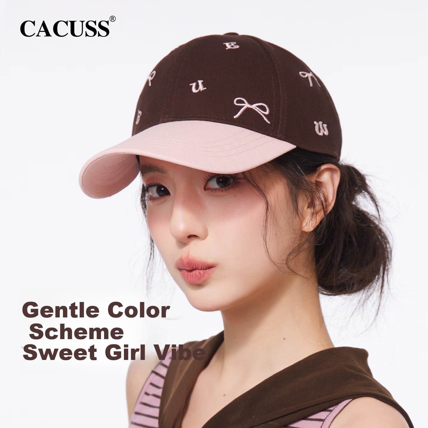 CACUSS Women's Spring Summer Baseball Cap with Bow Embroidery, Colorblock Cotton Visor Hat, Pink and Coffee