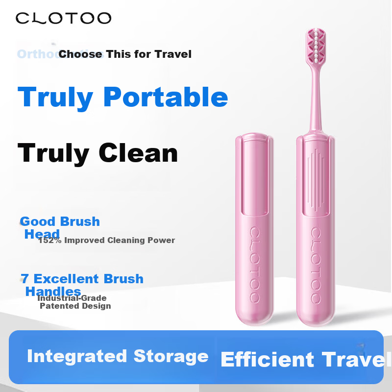 CLOTOO Portable Foldable Soft Bristle Orthodontic Toothbrush for Adults and Teens Travel Toothbrush Set Pink 1 Piece