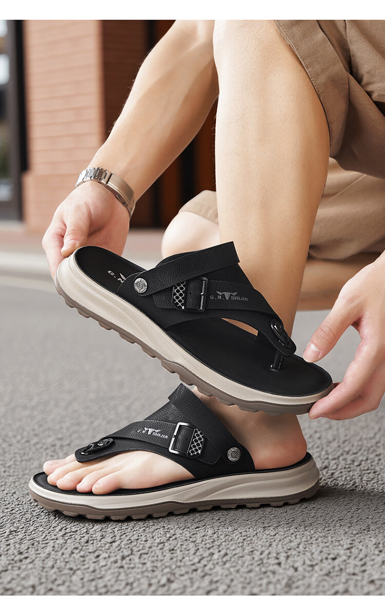 Bull Family Men's Leather Sandals Summer New Dual-Wear Soft Sole Durable Outdoor Beach Casual Flip-Flops 18