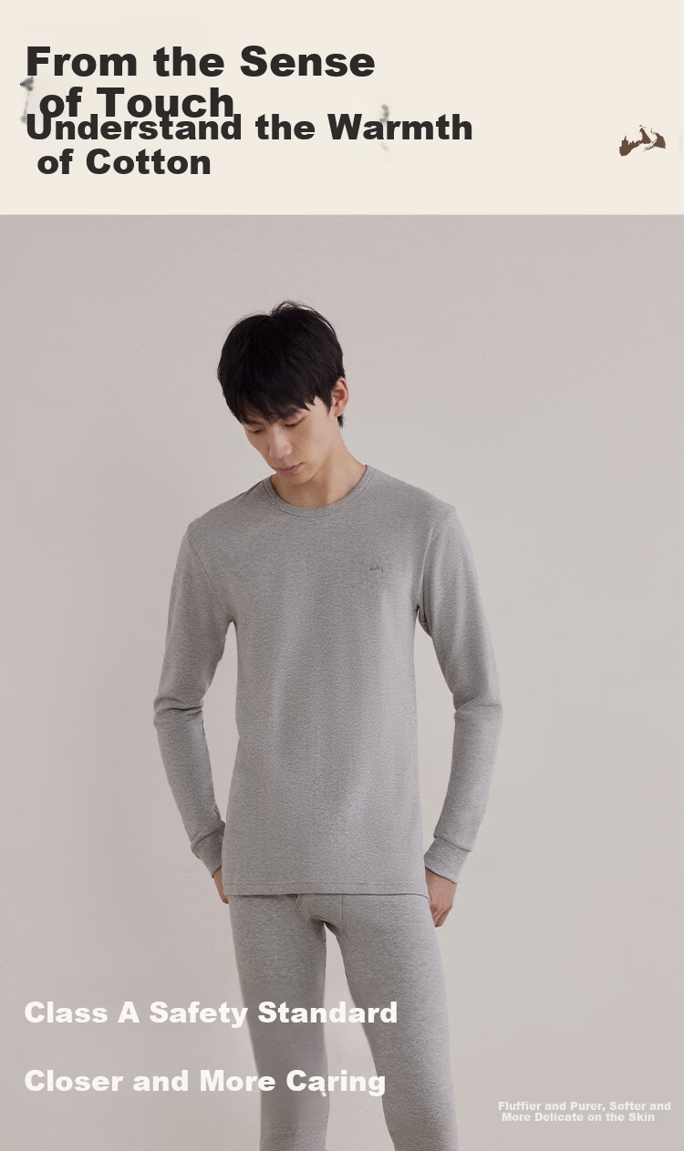 HLA【Mountain Not High】Men's Autumn Thermal Underwear Set Round Neck Class A 210g Pure Cotton Antibacterial Mite-Resistant Thin Warm Innerwear 5