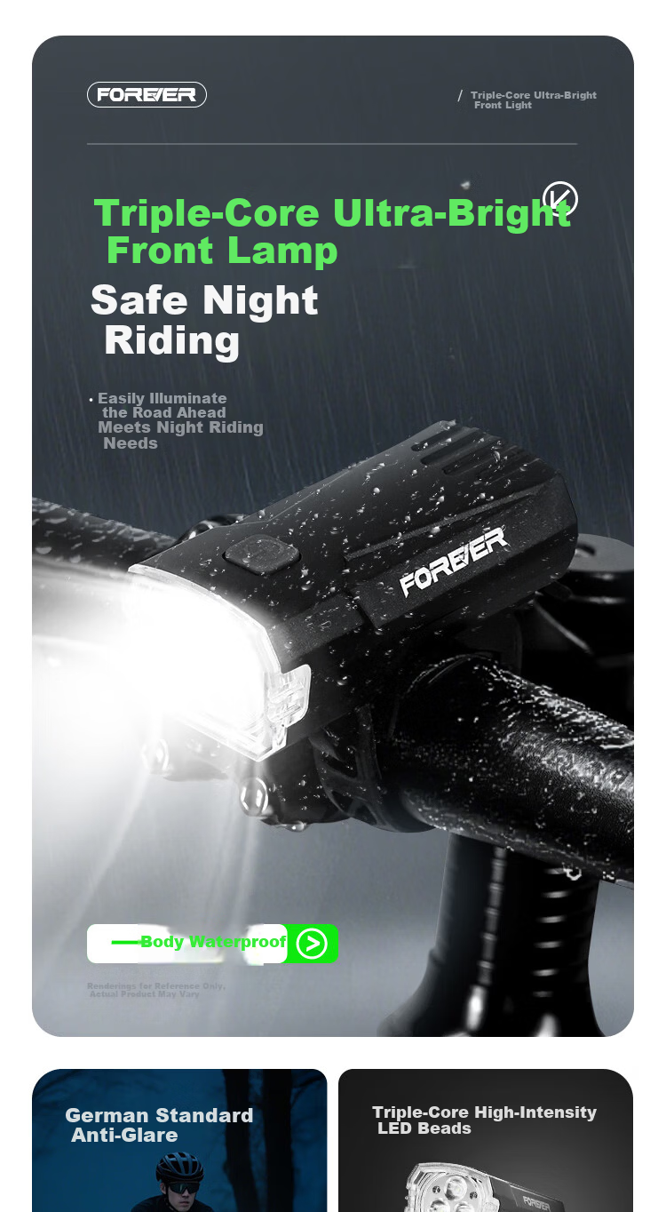 Forever Night Rider High-Power LED Flashlight Triple Light Super Bright 155° Floodlight German Standard Front Bike Light Dual LED Bulbs 1