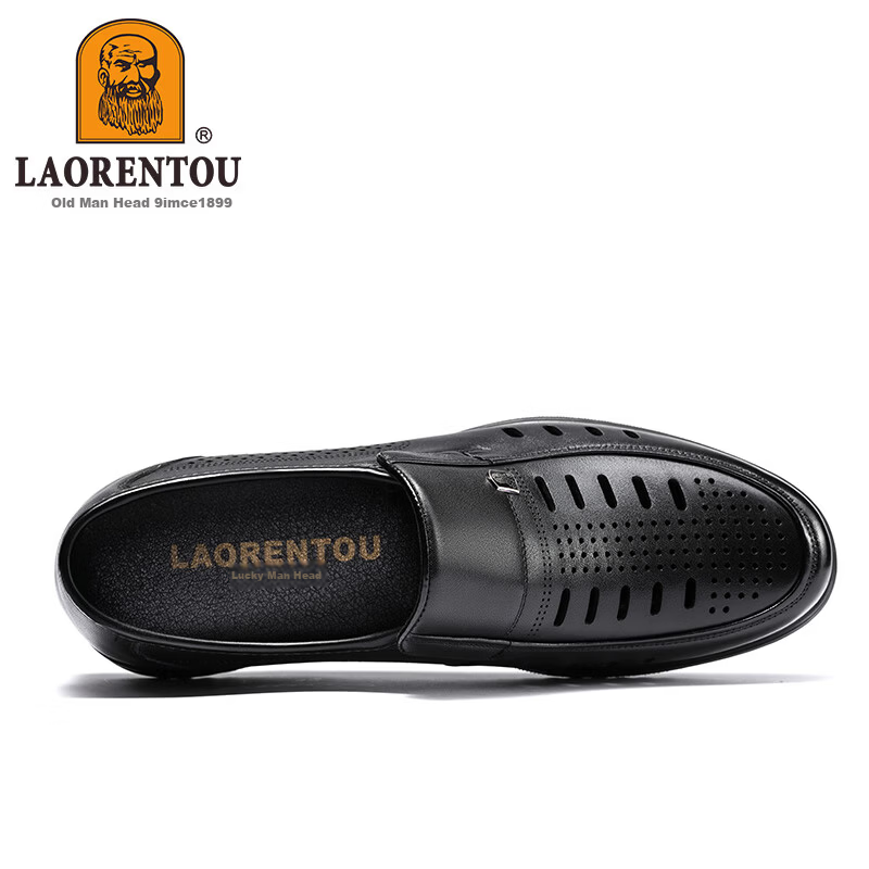 LAORENTOU Men's Business Casual Leather Slip-On Shoes Layered Cowhide Non-Slip Breathable Hollow Shoes LL12163 Black Size 38