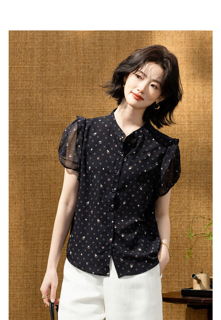 Demana Elegant Urban Summer Fresh Print Stand Collar Lace Sleeve Loose Lightweight Slim Shirt for Women Premium Quality 3