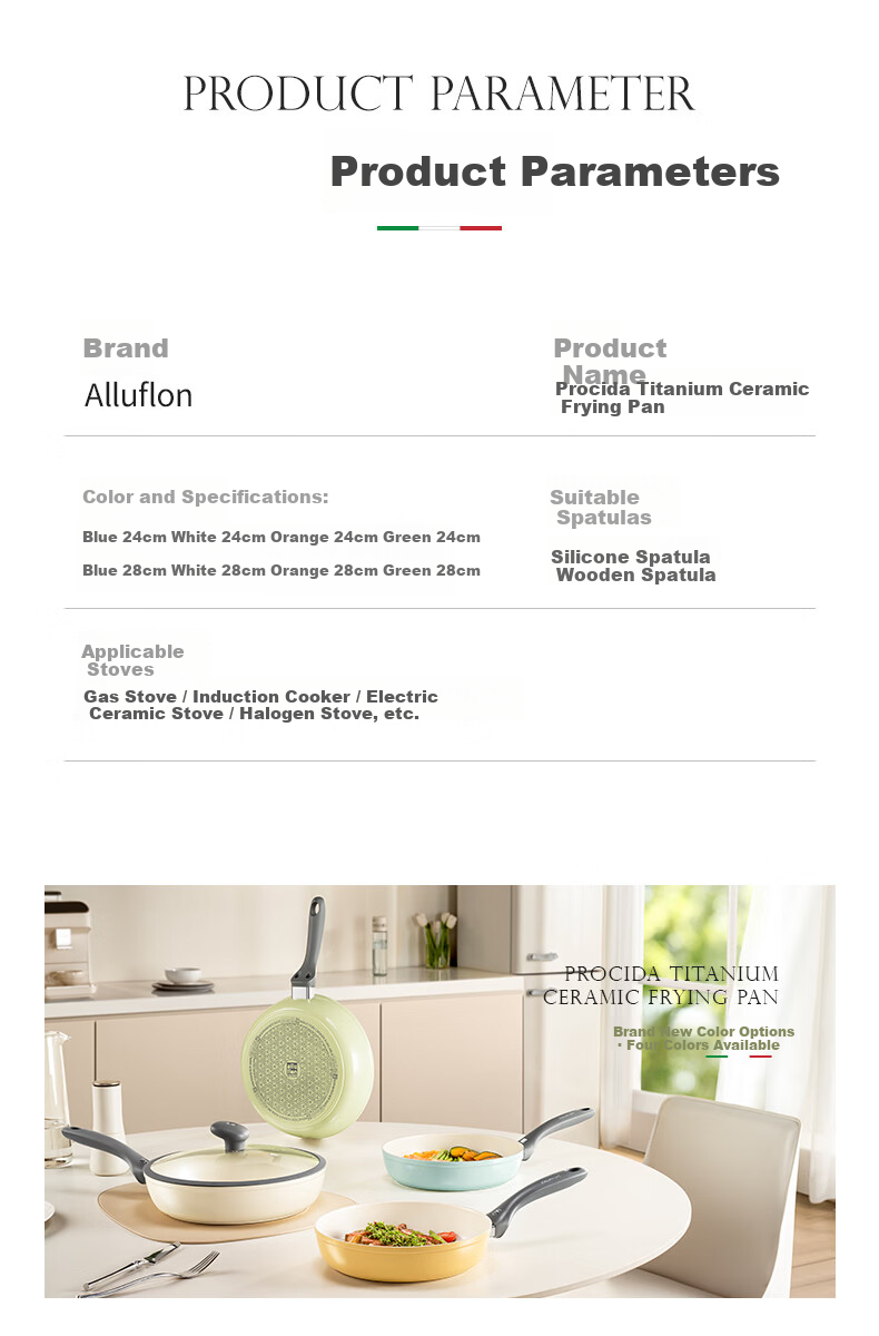 Alluflon Frying Pan Flat Bottom Titanium Ceramic 0 Fluorine Coating Grade 1 Non-Stick Steak Pan Induction Cooker Compatible White 24cm 21