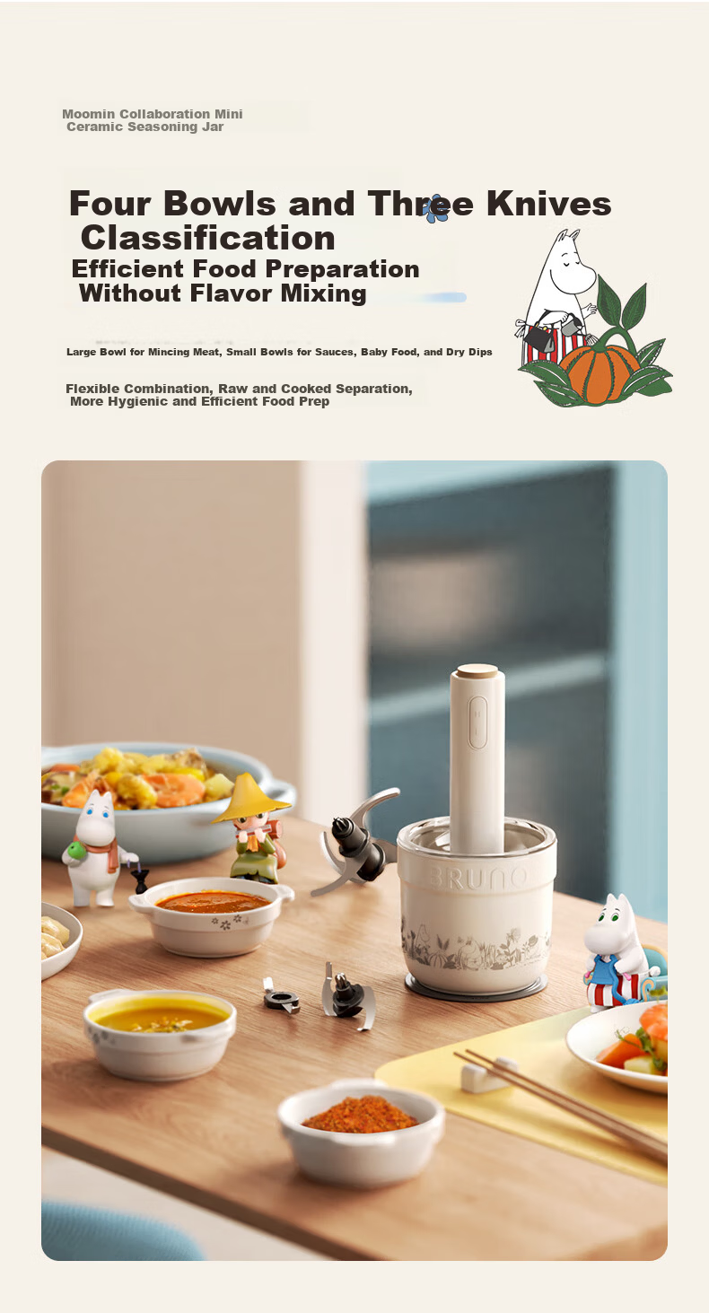 BRUNO Meat Grinder and Seasoning Machine Home Small Meat Mincer Multi-functional Chopper Mixer Food Processor Garlic Grinder [Upgraded Ceramic] Moomin Edition 8