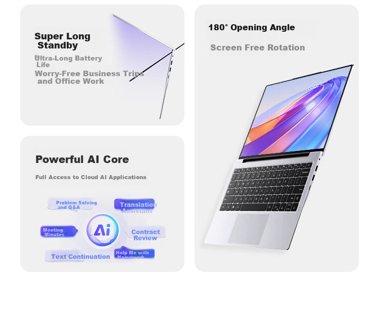 AIERXUAN AI Laptop Lightweight 2026 New 14-inch Business Office Student Online Course Notebook Core i3 Silver 16GB RAM + 512GB SSD 5