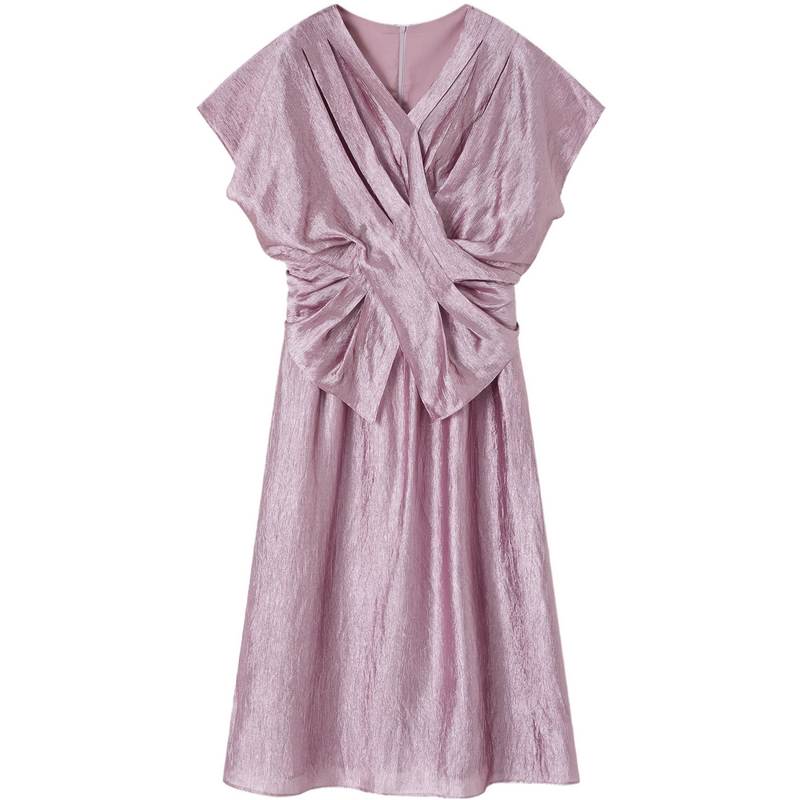 Demana Wrinkled Acetate Summer Elegant Luxury V-Neck Cross Waist Batwing Sleeve Lightweight Dress for Women High-End Feel