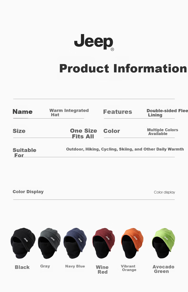 JEEP Winter Cycling Cap with Integrated Face Mask, Men's Warm Fleece Windproof Cold-Resistant Face, Ear, and Neck Protection, Black 6