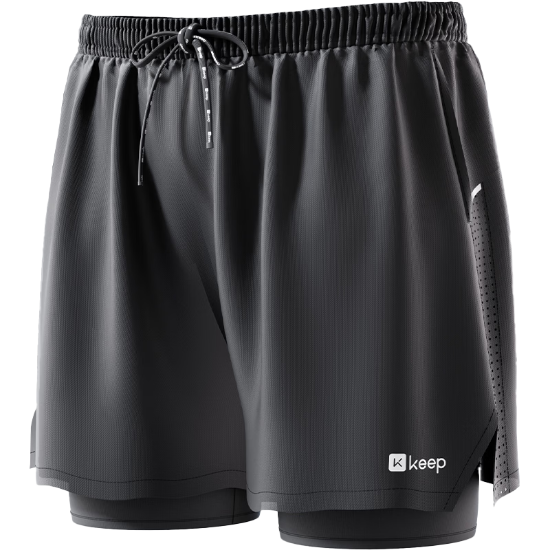 Keep Men's Swim Trunks Double-Layer Sports Running Perforated Four-Point Swimming Shorts 130 Black L