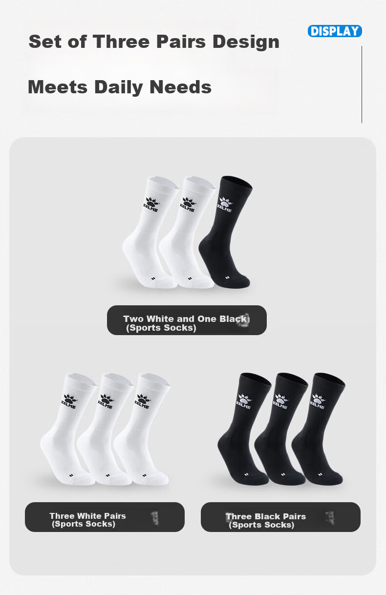 KELME 3-Pack Antibacterial Cushioned Durable Breathable Seamless Comfortable Sports Socks for Football Basketball Running 13
