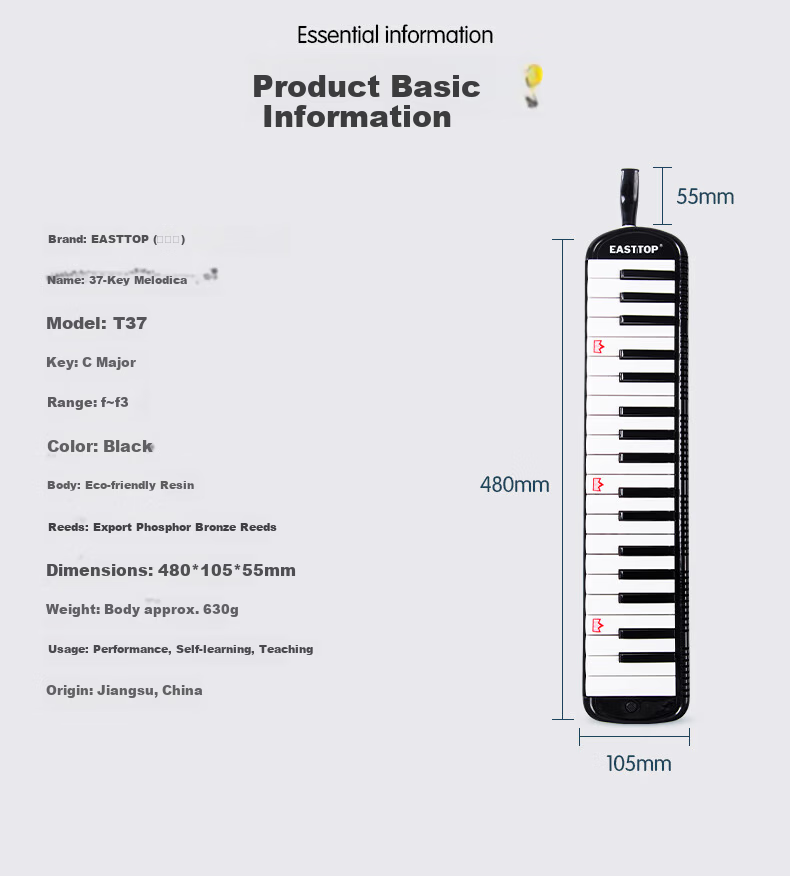 EAST TOP 32-Key Melodica T32 for Children Beginners, Elementary School Students' Introduction to Classroom Performance, Wind Instrument, Black 6