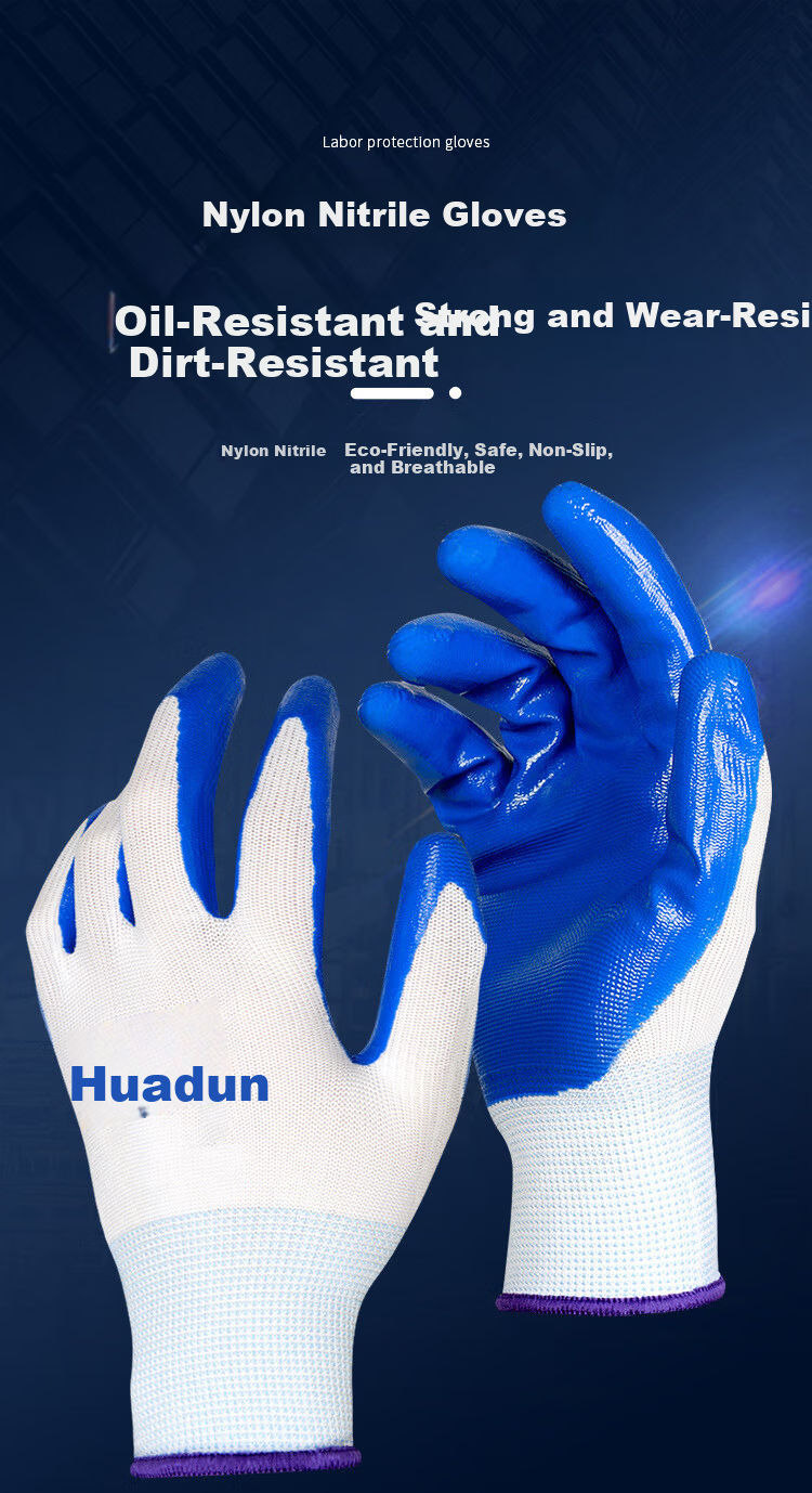 Huadun Work Gloves Labor Protection Wear-Resistant Non-Slip Nitrile Gloves Construction Work Gloves Men Oil-Resistant Corrosion-Resistant HD518 12 Pairs White Yarn Blue Standard 1
