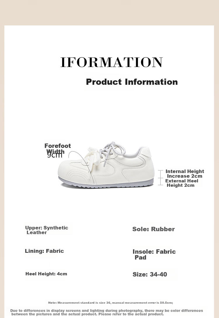 Zhuoshini Internal Height Increasing Trainer Shoes 2026 New Spring Retro Thick Sole White Sports Casual Agan Shoes Off-White Size 35 5