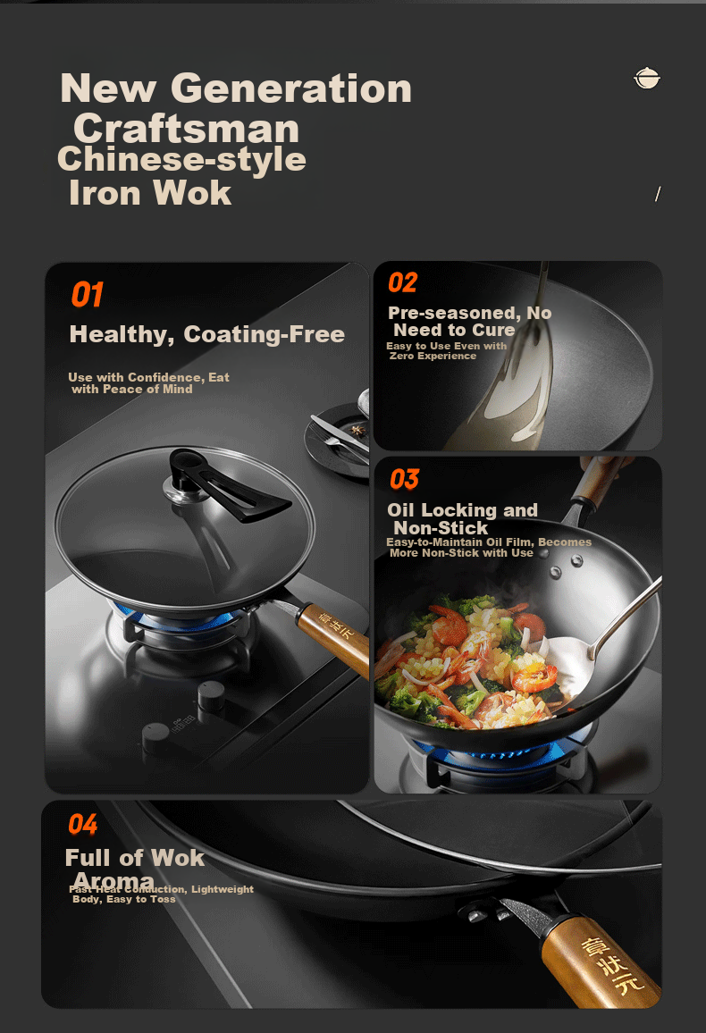Zhang Zhuangyuan Zhangqiu Handmade Iron Wok Non-Coated Seasoned Non-Stick Cast Iron Traditional Round Bottom Frying Pan 34CM No Handles 4