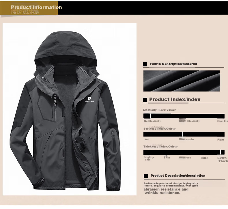 Pierre Cardin Men's 3-in-1 Outdoor Windproof Casual Hiking Jacket Autumn Winter Coat Gray Black 5XL 1