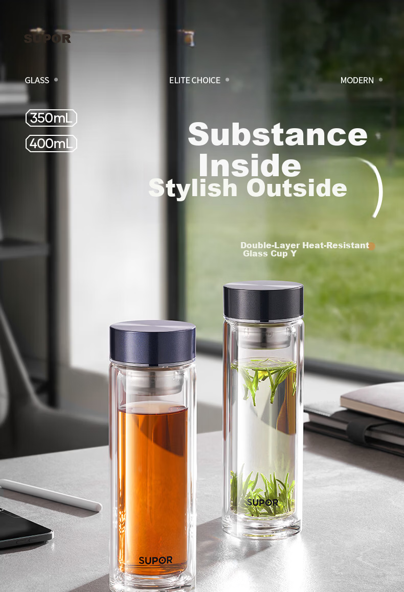 SUPOR Double-Layer Glass Cup for Men, Home and Office, Tea Infuser, Car Water Bottle, 400mL, Starry Night Black 1