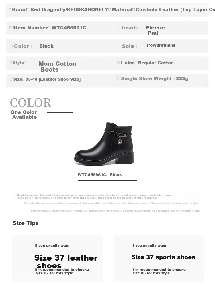 Red Dragonfly Women's Genuine Leather Short Boots Autumn Winter Fleece Lined Warm Thick Sole Chunky Heel Slim Boots WTC456961C Black Size 37 7