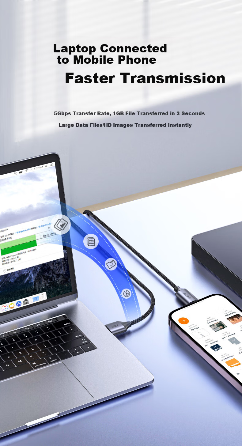 Jinghua USB 3.2 to Type-C Data Transfer Cable CarPlay Connection Cable 10Gbps 3A Fast Charging for iPhone 15 Huawei Xiaomi Phones 0.25m U682A 7