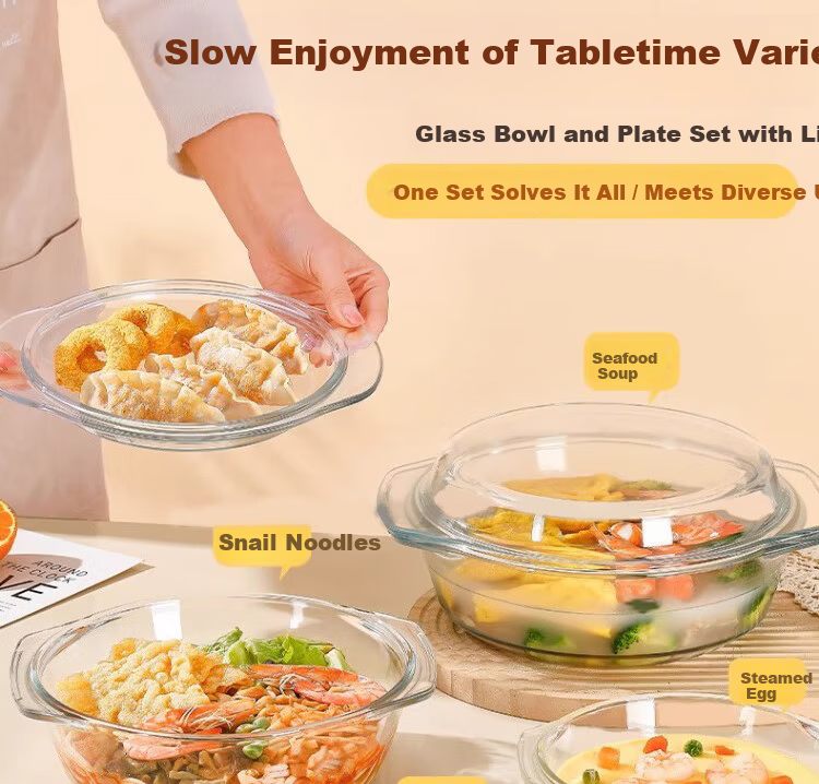 PINYU Glass Double-Handle Transparent Glass Bowl with Lid Microwave Safe Heat-Resistant Soup Bowl Noodle Bowl Salad Bowl Instant Noodle Steamed Egg Custard Bowl 1