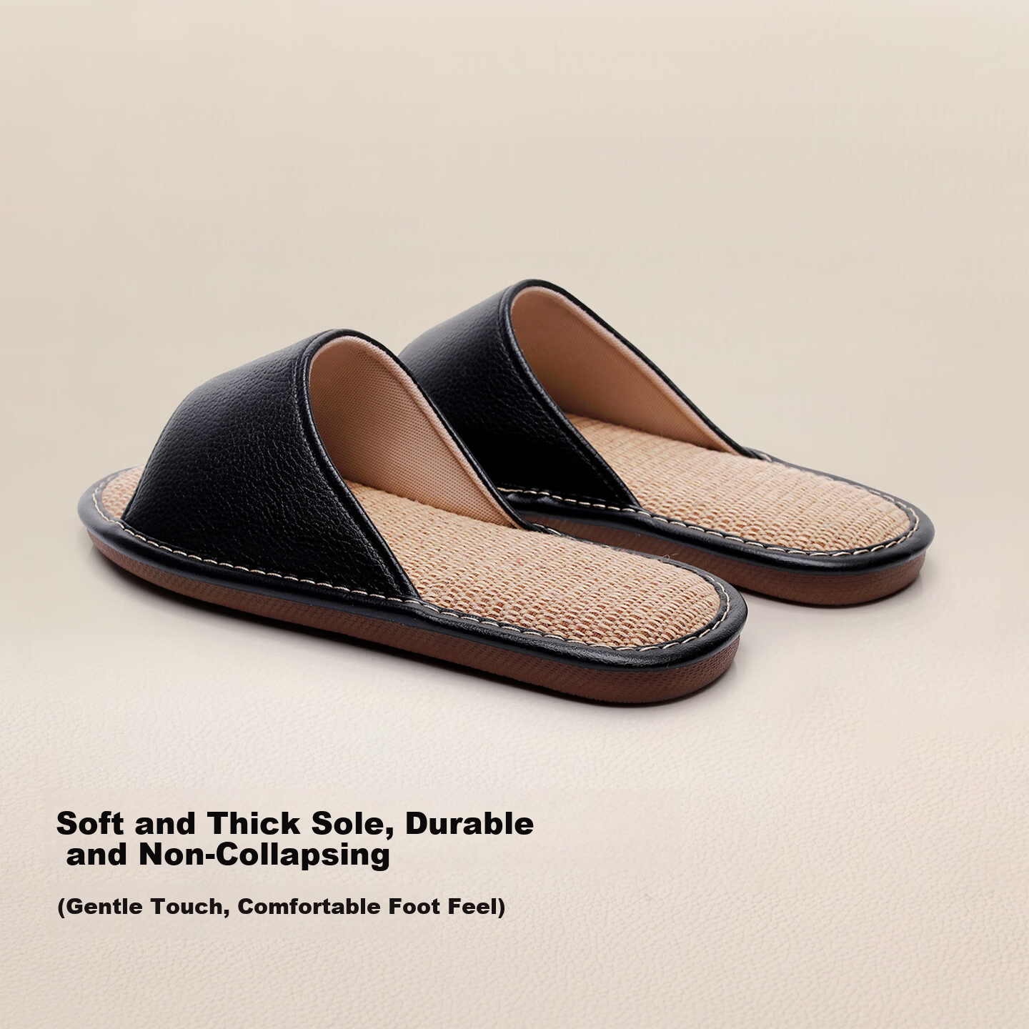 Genmai Plus Size Linen Slippers Men 4849 Indoor Home Floor Non-Slip Four Seasons Leather Slippers Black 40-41