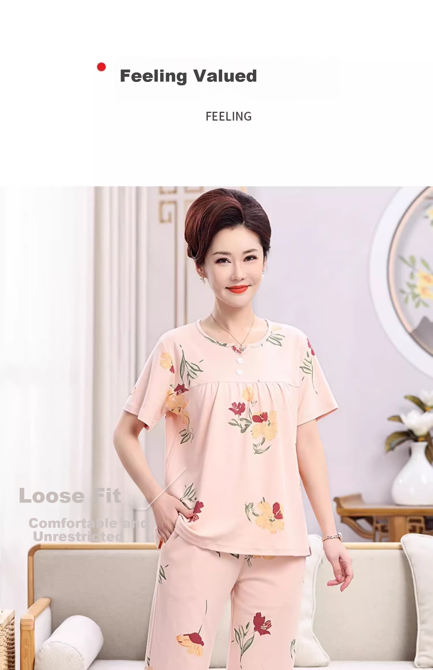 Yuzhaolin Middle-aged and Elderly Women's Spring Summer Cotton Pink Printed Loose Plus Size Casual Homewear Pajama Set 4