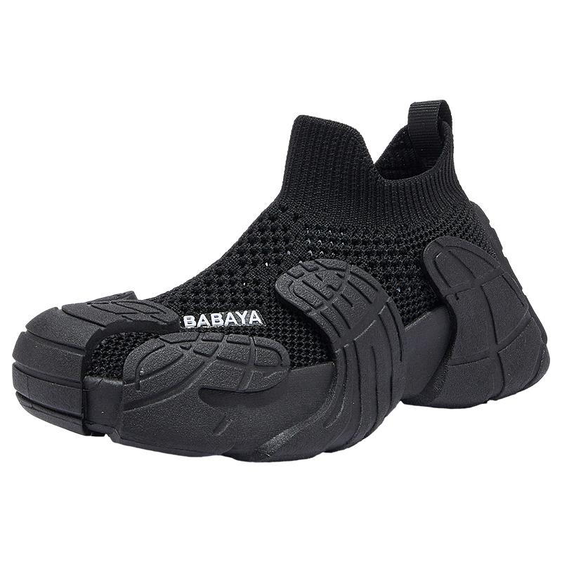 Baba Duck Kids Sports Shoes 2025 New Flyknit Mesh Shoes Boys and Girls Autumn Casual Running Shoes Black Size 36