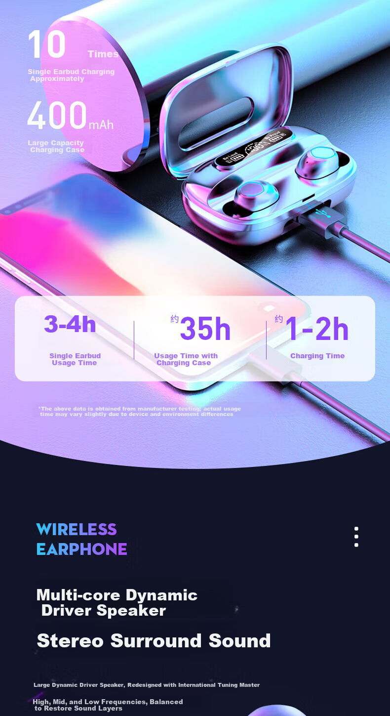 Bkayp Bluetooth Wireless In-Ear Earphones Long Battery Life Noise Cancelling High-Quality Sound Compatible with Apple iPhone 17 Huawei Oppo Honor Vivo Music Sports Gaming Emergency Charging 4