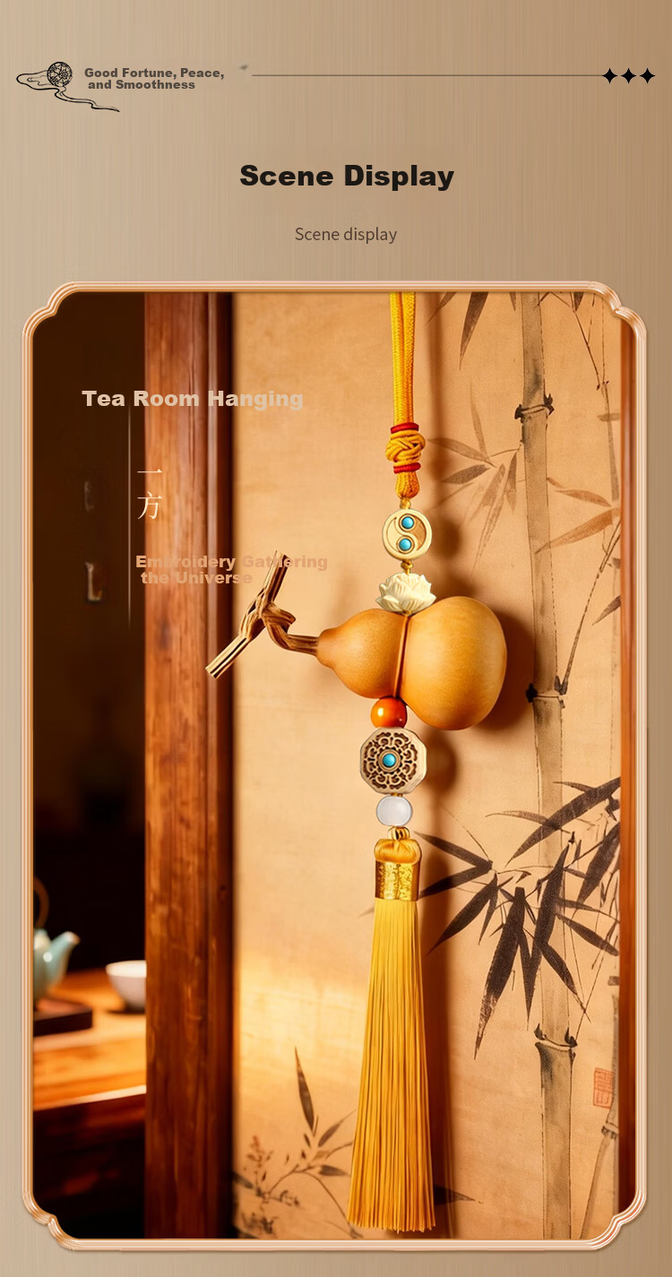 Binyue Natural Gourd Feng Shui Hanging Ornament, Five Emperors Coins Entrance Door Pair Hanging Ornament, Huangyang Wood Hanging Dragon Gourd, 2 Strings Set 9