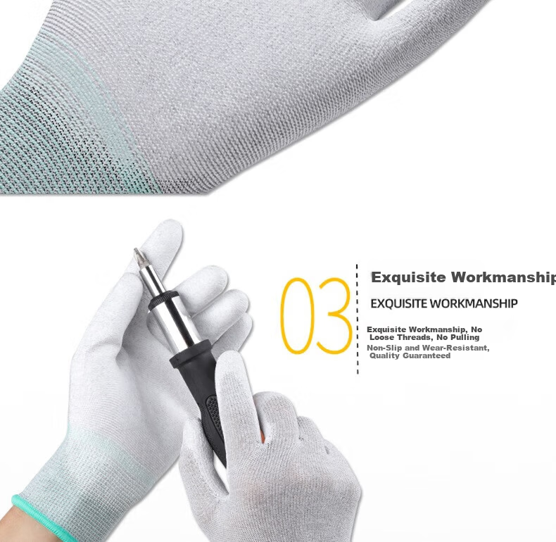 Huipute Anti-Static Gloves Carbon Fiber Labor Protection Assembly Electronic Workshop Cleanroom Coated Fingertips Carbon Fiber Anti-Static 10 Pairs Size S 7